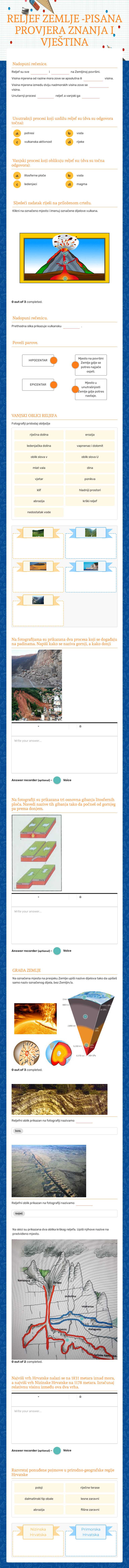 RELJEF ZEMLJE -PISANA PROVJERA ZNANJA I VJEŠTINA worksheet preview image