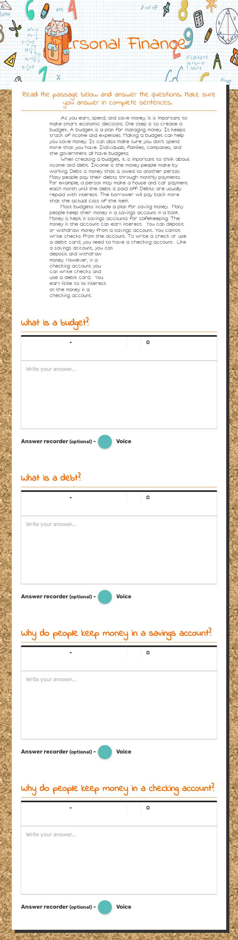 Personal Finance worksheet preview image