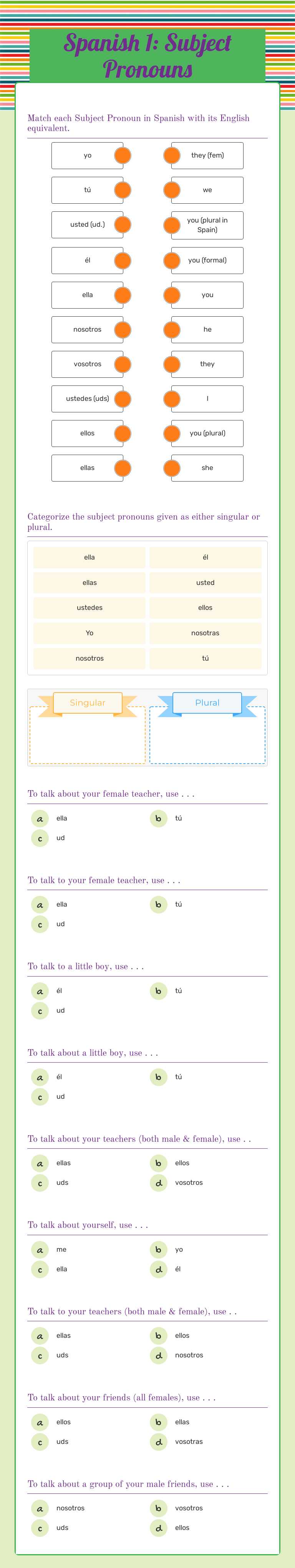 Spanish 1: Subject Pronouns worksheet preview image