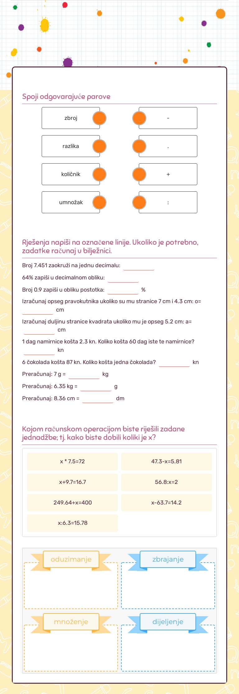 Računanje decimalnih brojeva  5.razred worksheet preview image