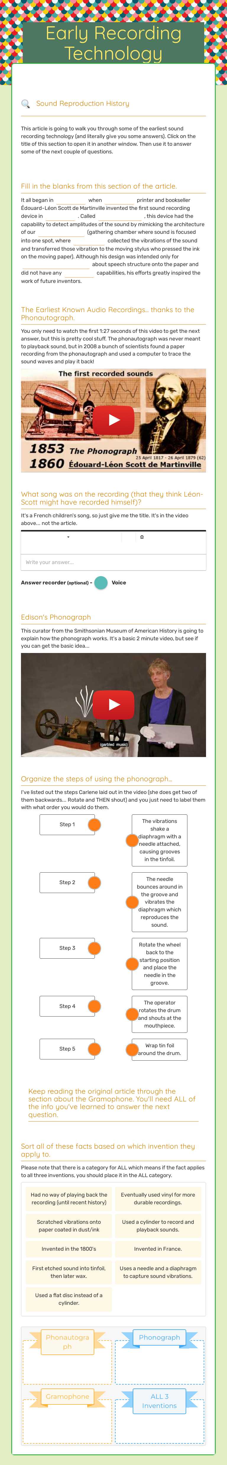 Early Recording Technology worksheet preview image