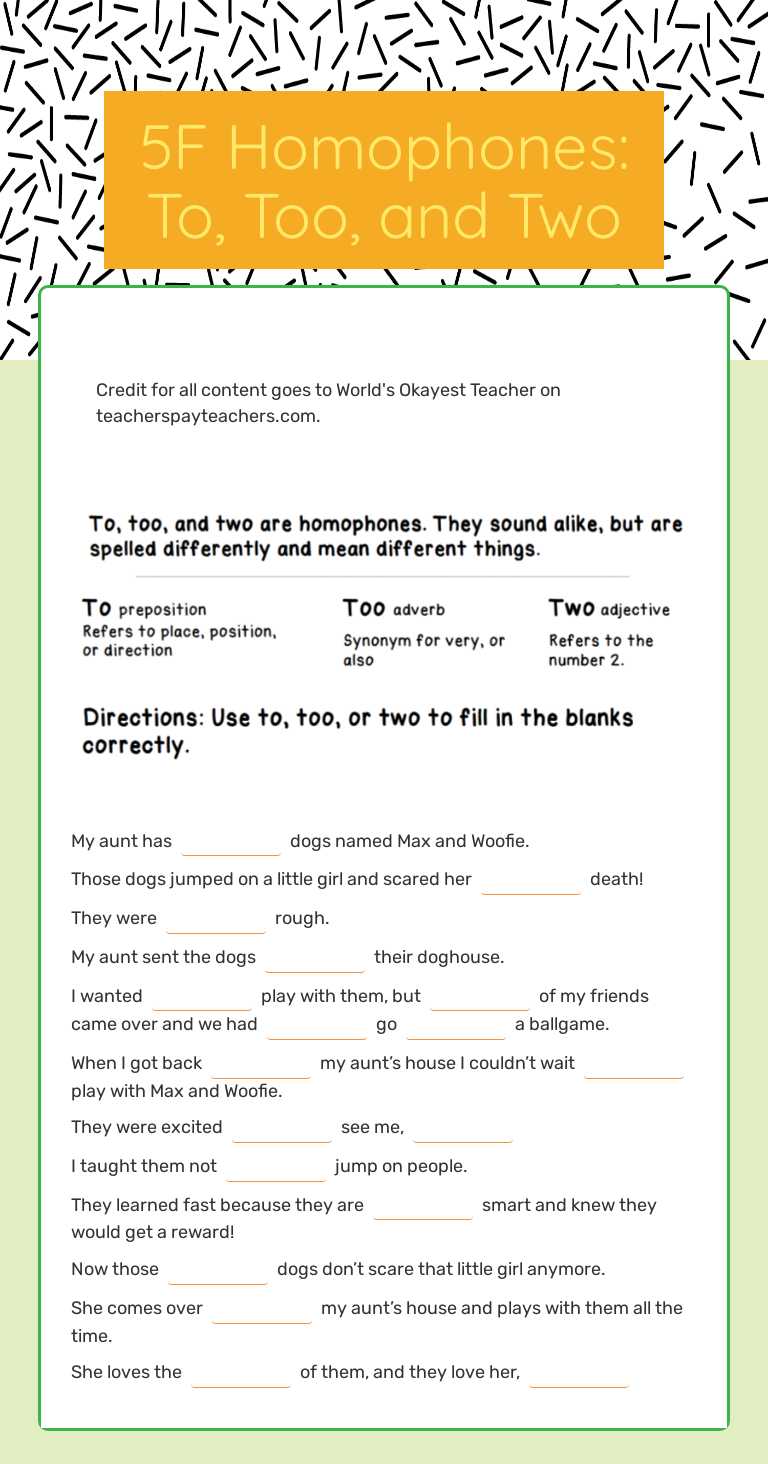 5F Homophones: To, Too, and Two Grade 5 worksheet preview