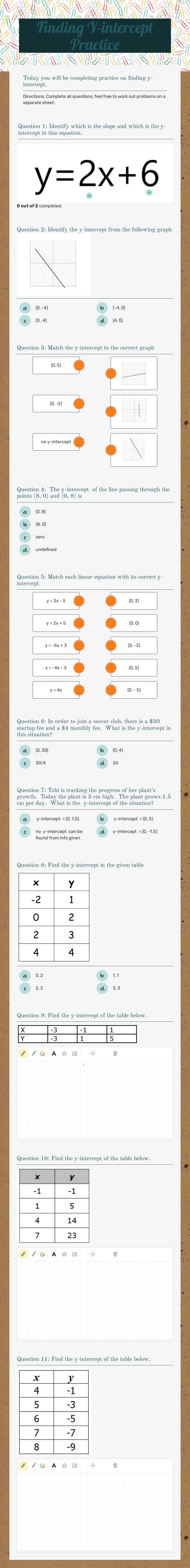 Finding Y-intercept Practice worksheet preview image
