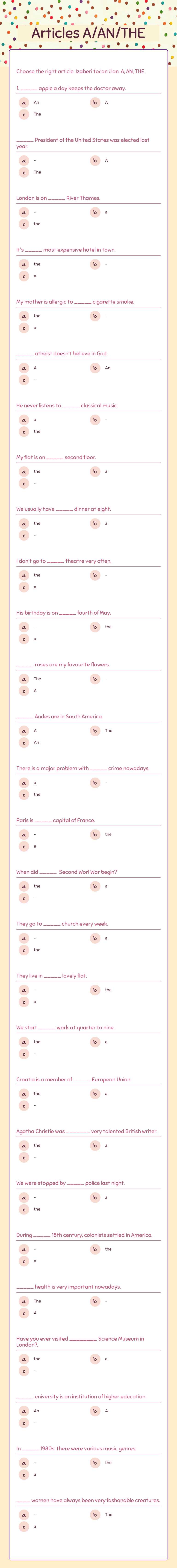 Articles A/AN/THE Grade 10 worksheet preview