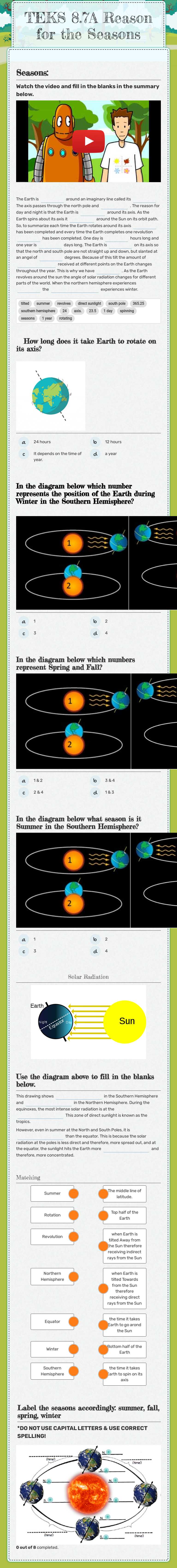 TEKS 8.7A Reason for the Seasons worksheet preview image