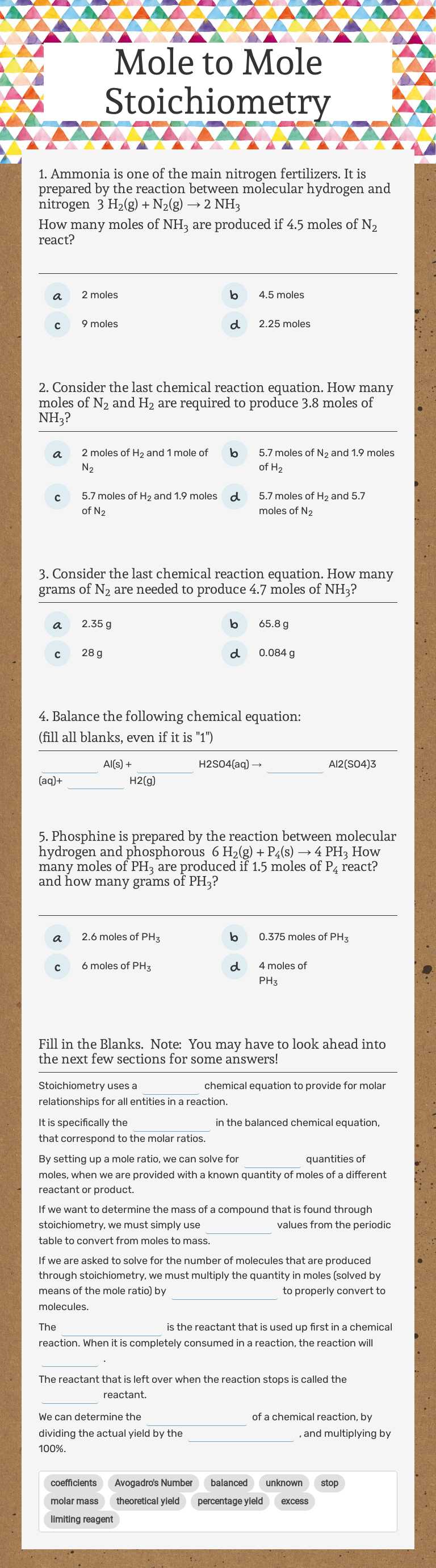 Mole to Mole Stoichiometry Grade 11 worksheet preview