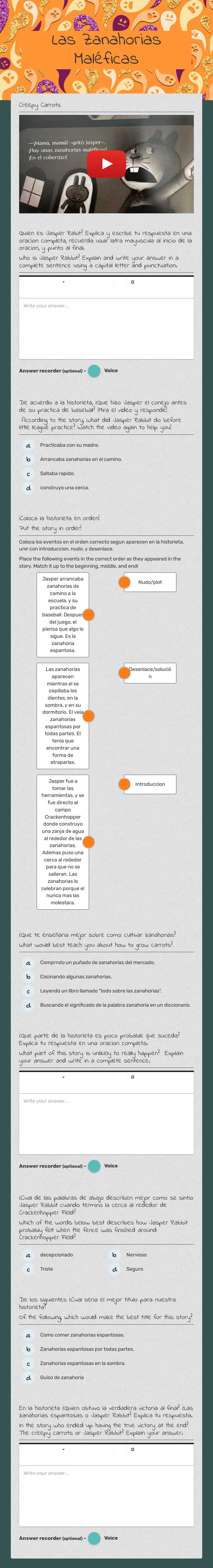 Las Zanahorias Maléficas Grade 3 worksheet preview