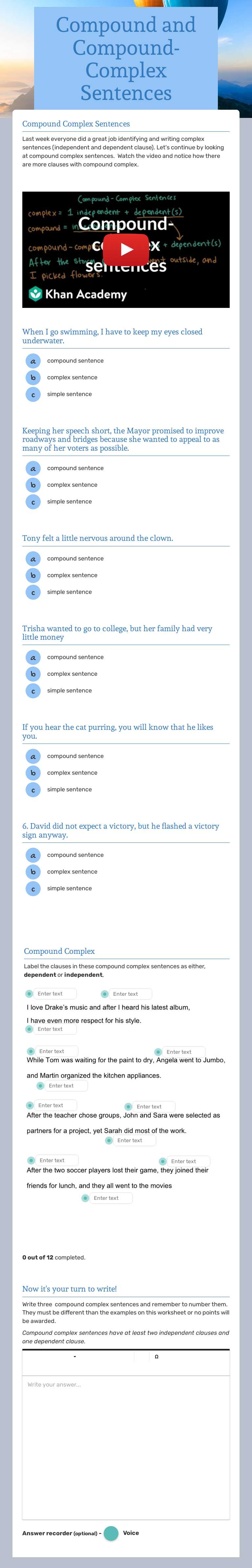 Compound and Compound- Complex Sentences worksheet preview image