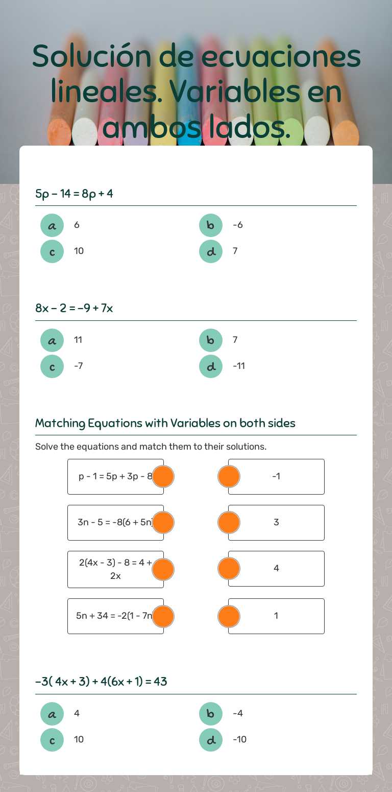 Solución de ecuaciones lineales. Variables en ambos lados. Grade 8 worksheet preview