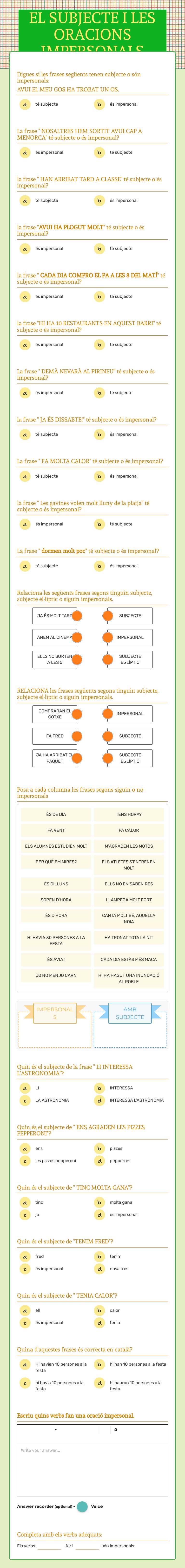 EL SUBJECTE I LES ORACIONS IMPERSONALS worksheet preview image
