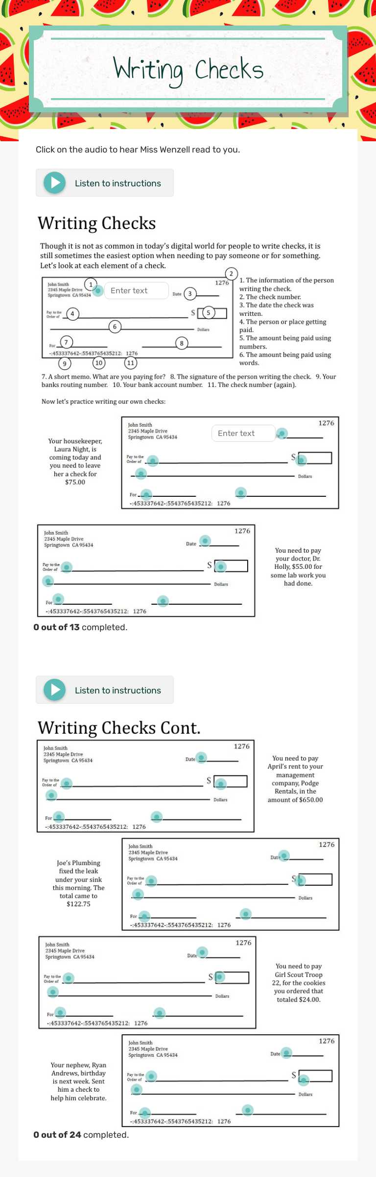 Writing Checks worksheet preview image