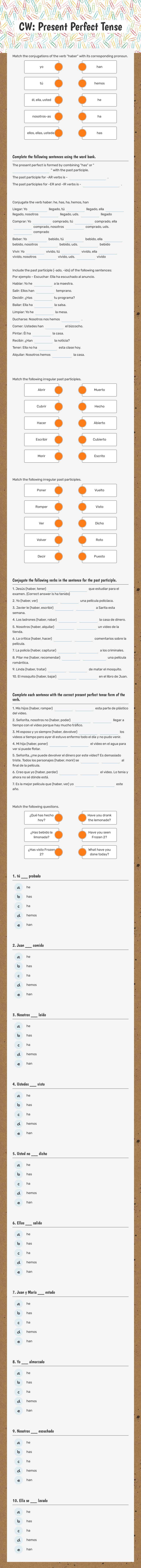 CW: Present Perfect Tense worksheet preview image