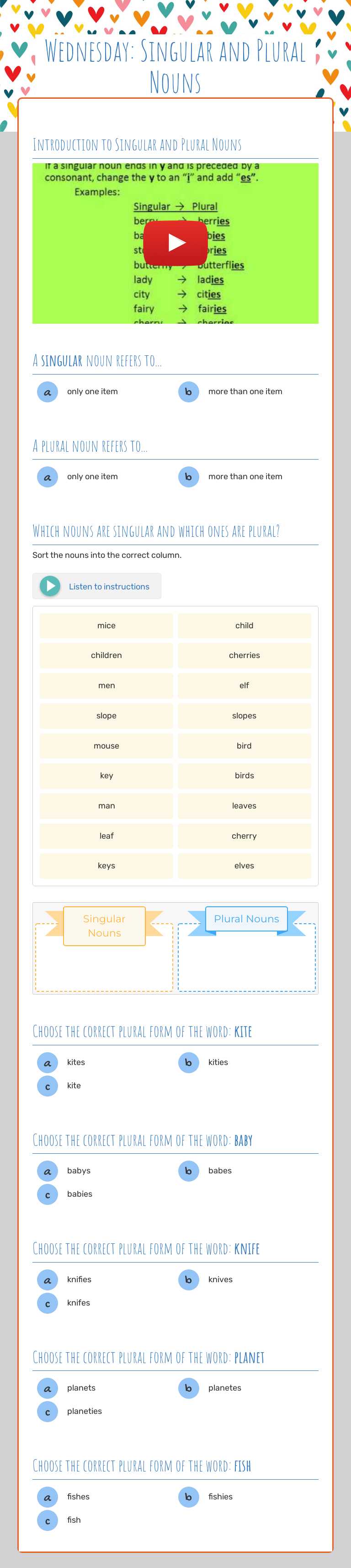 Wednesday: Singular and Plural Nouns worksheet preview image
