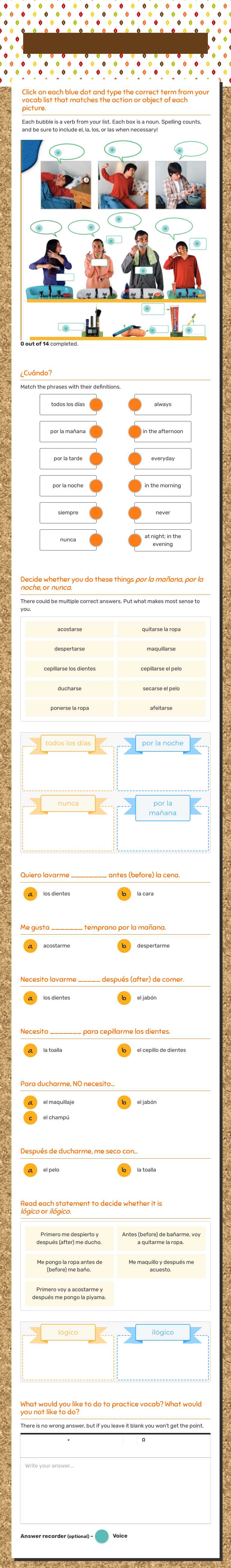 vocabulario - la rutina diaria Grade 6 worksheet preview