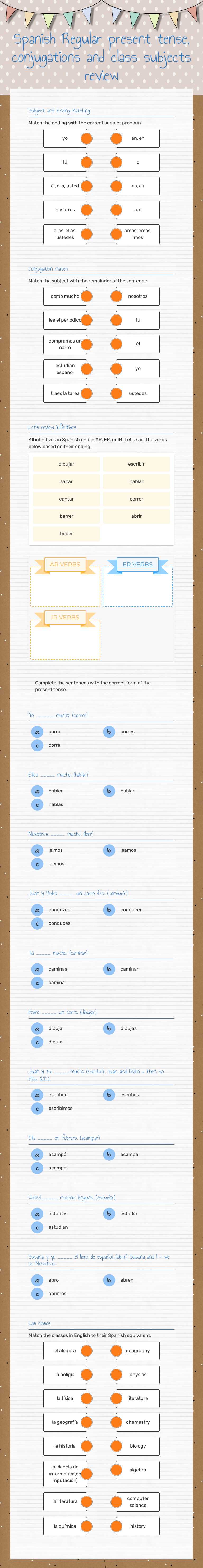 Spanish Regular present tense, conjugations and class subjects review worksheet preview image