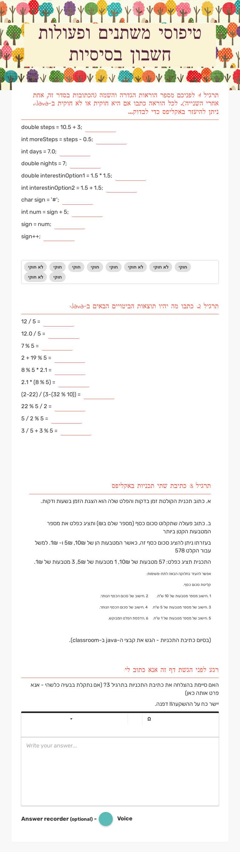 טיפוסי משתנים       ופעולות חשבון בסיסיות worksheet preview image