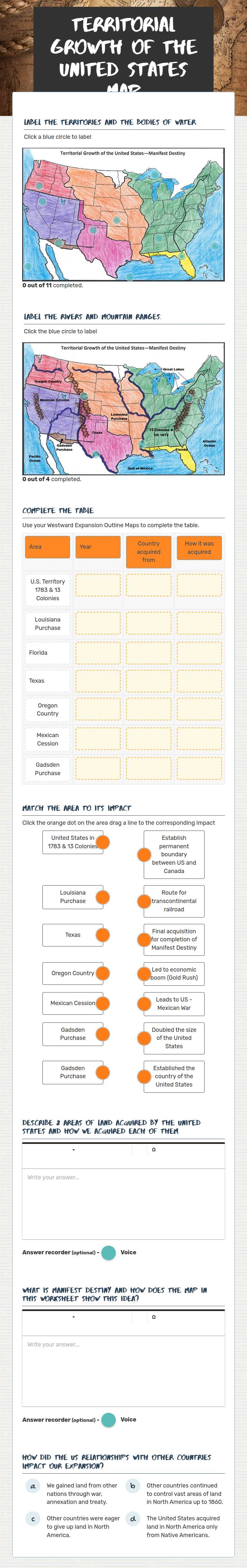 tERRITORIAL gROWTH OF THE uNITED STATEs Map worksheet preview image