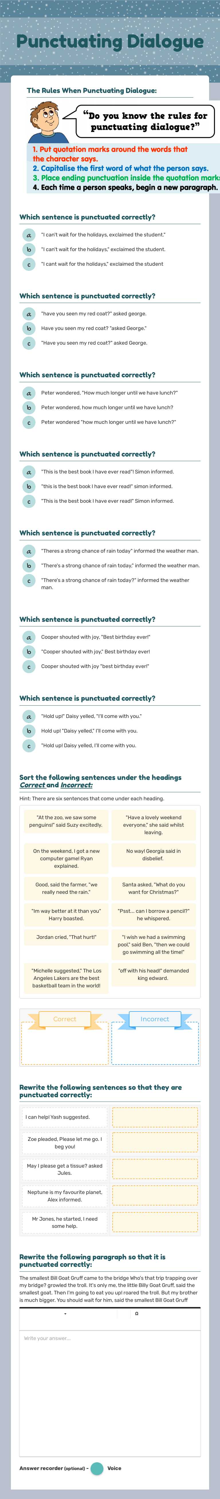 Punctuating Dialogue worksheet preview image