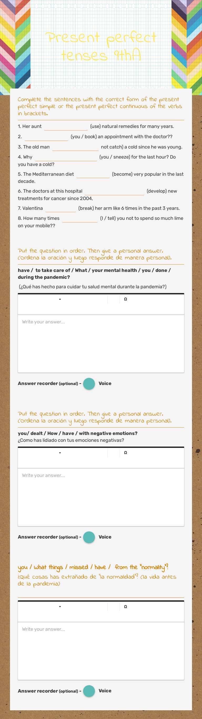 Present perfect tenses 9thA worksheet preview image