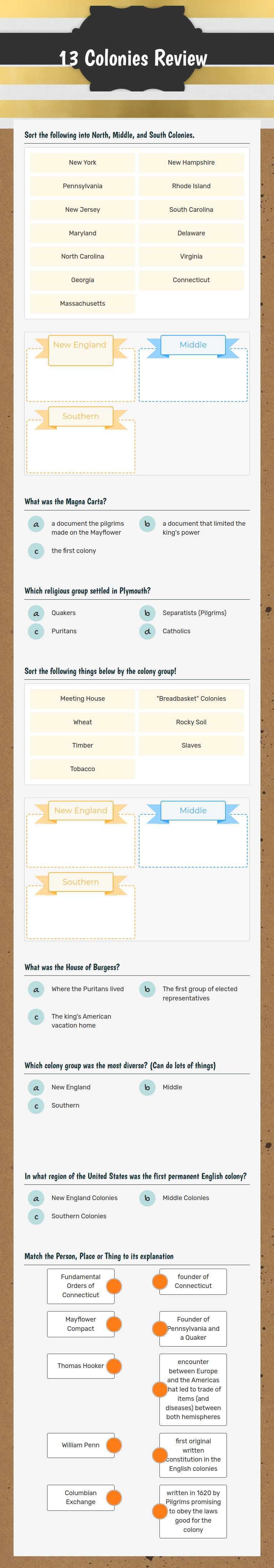 13 Colonies Review Grade 8 worksheet preview