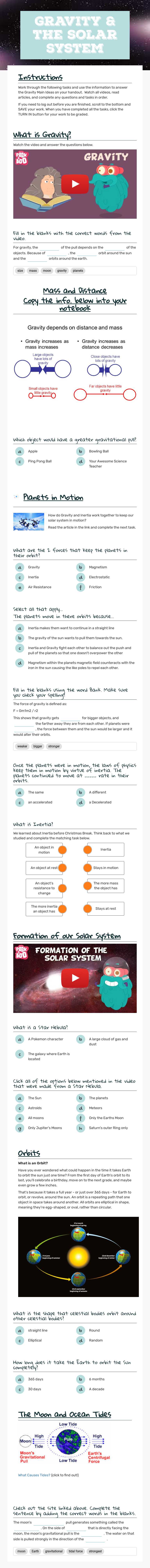 Gravity & the solar system worksheet preview image
