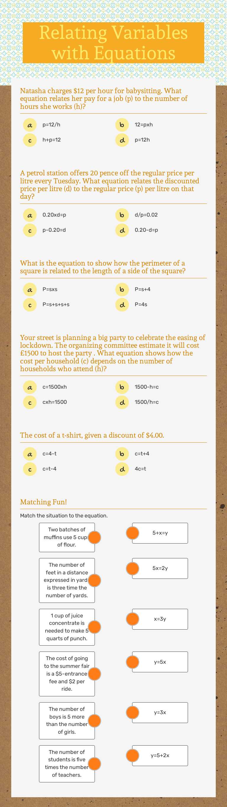 Relating Variables with Equations worksheet preview image