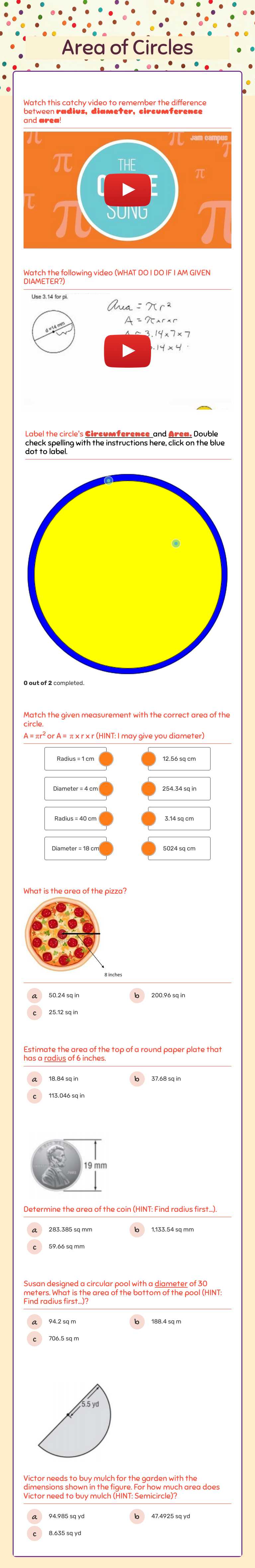 Area of Circles Grade 7 worksheet preview