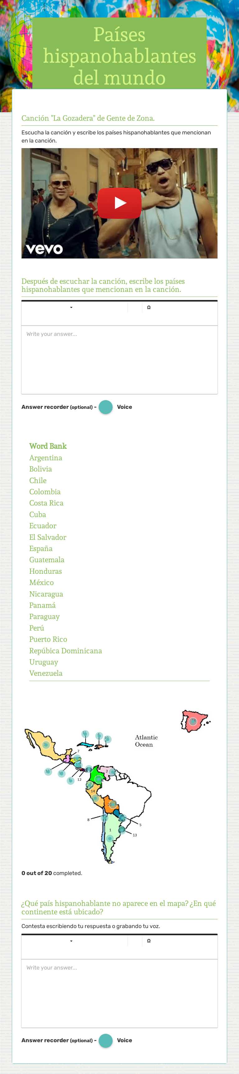 Países hispanohablantes del mundo Grade 10 worksheet preview