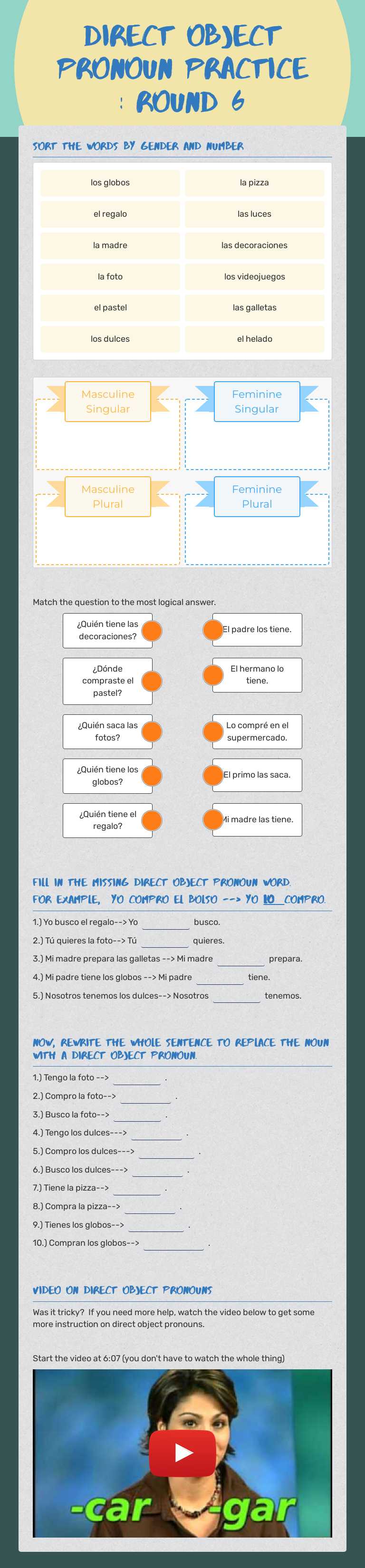 Direct Object Pronoun Practice : Round 6 Grade 7 worksheet preview