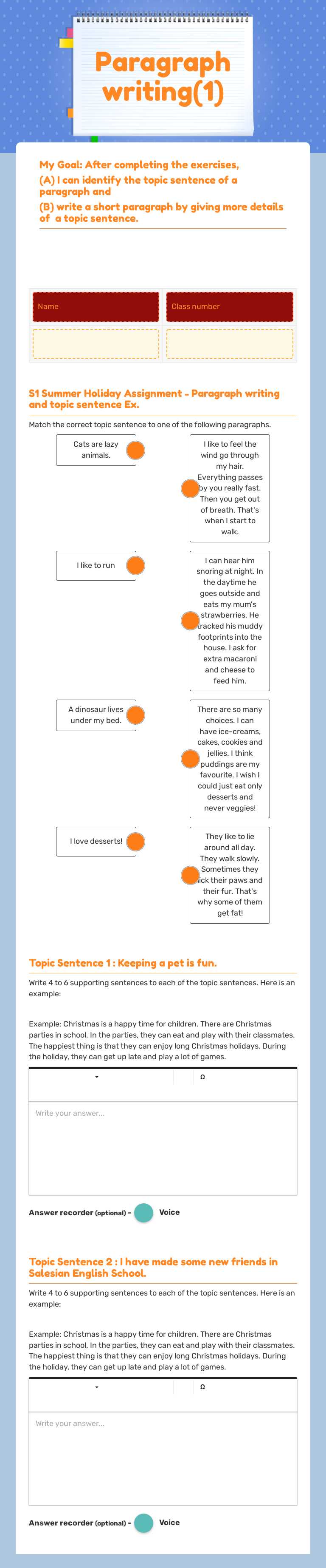 Paragraph writing(1) Grade 6 worksheet preview