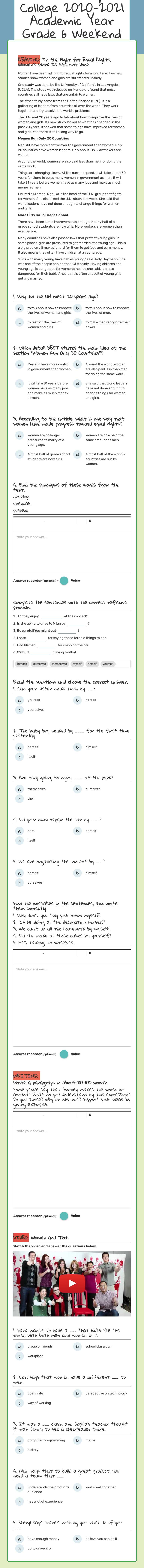 TED Antalya College 2020-2021 Academic Year Grade 6 Weekend Homework March 26,2021 worksheet preview image