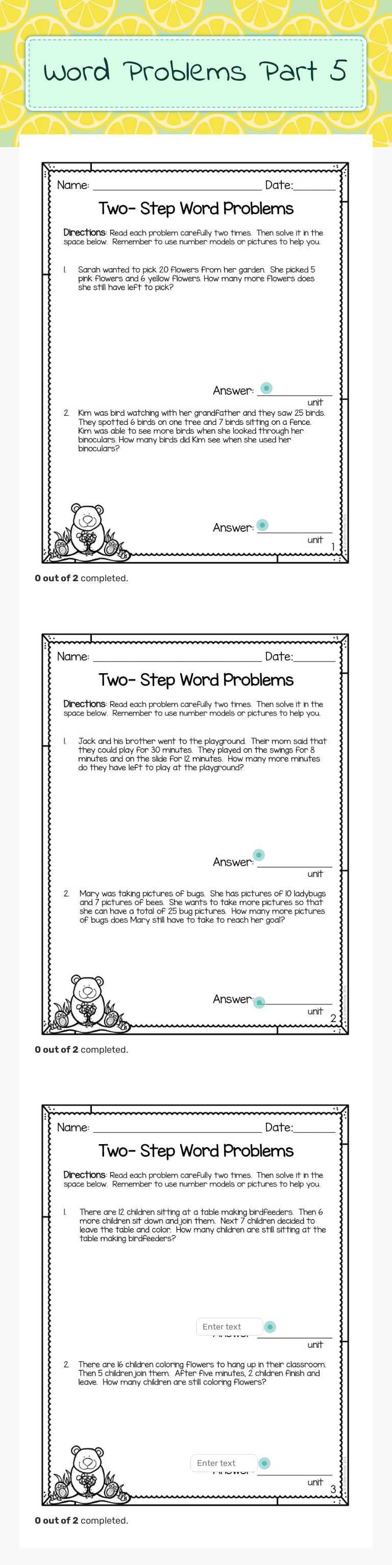 Word Problems Part 5 worksheet preview image