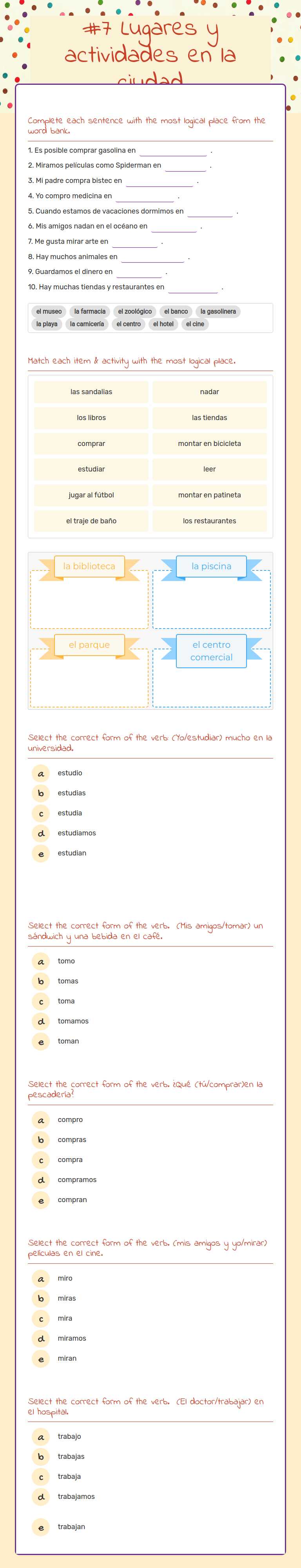 #7 Lugares y actividades    en la ciudad worksheet preview