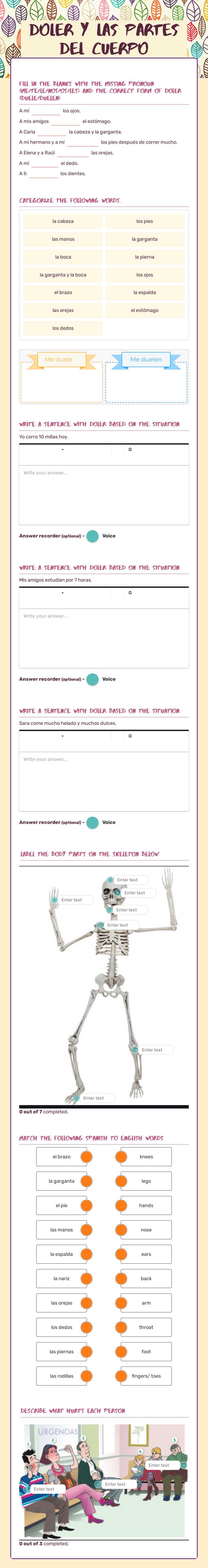 Doler y las partes del cuerpo worksheet preview image