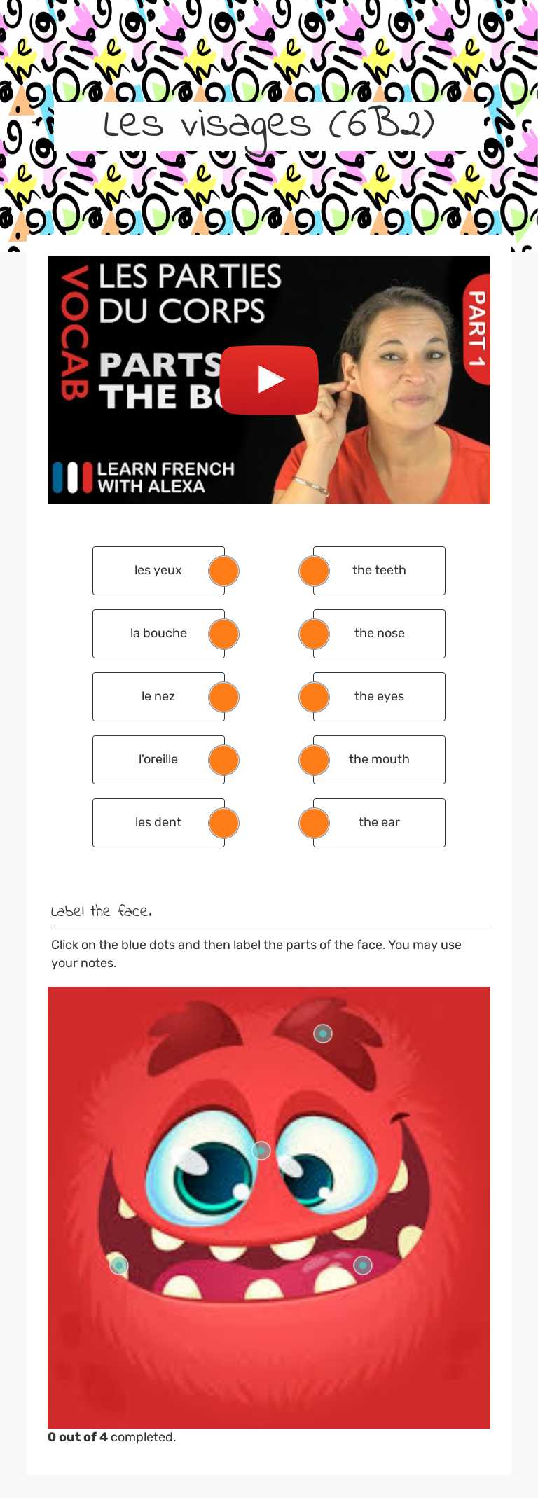 Les visages (6B2) worksheet preview image