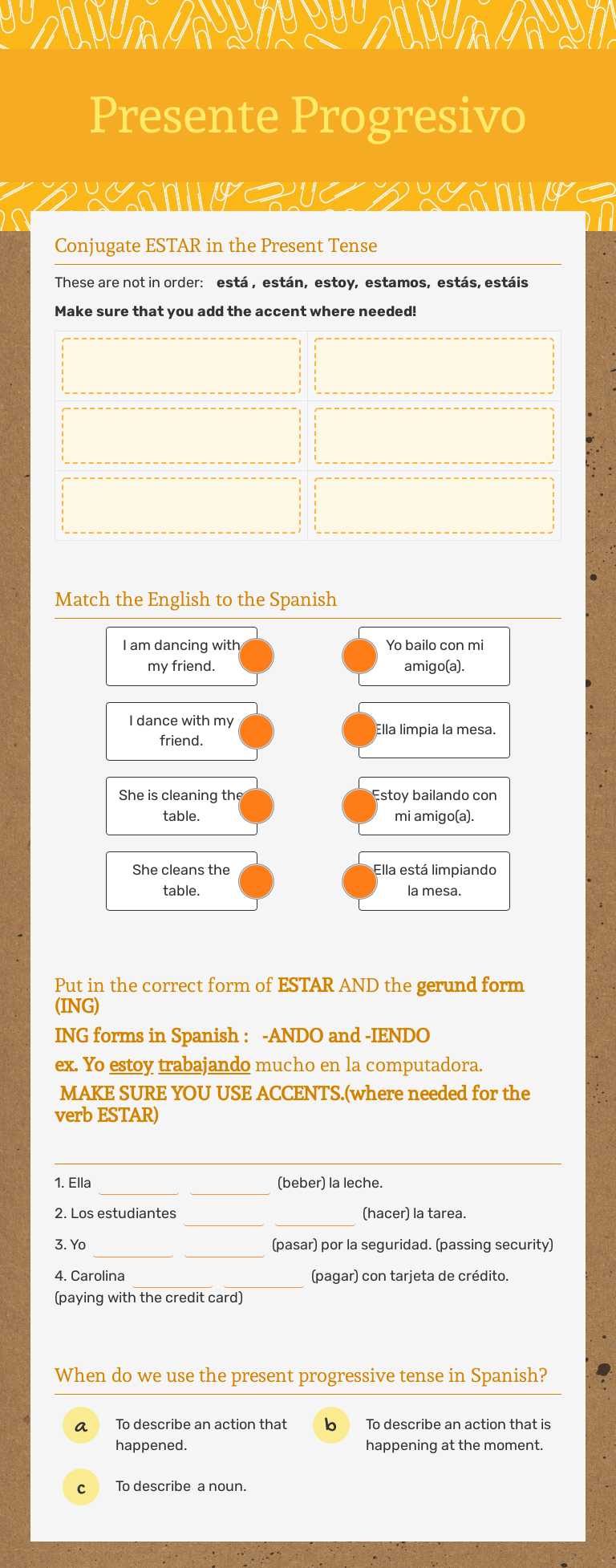 Presente Progresivo worksheet preview image