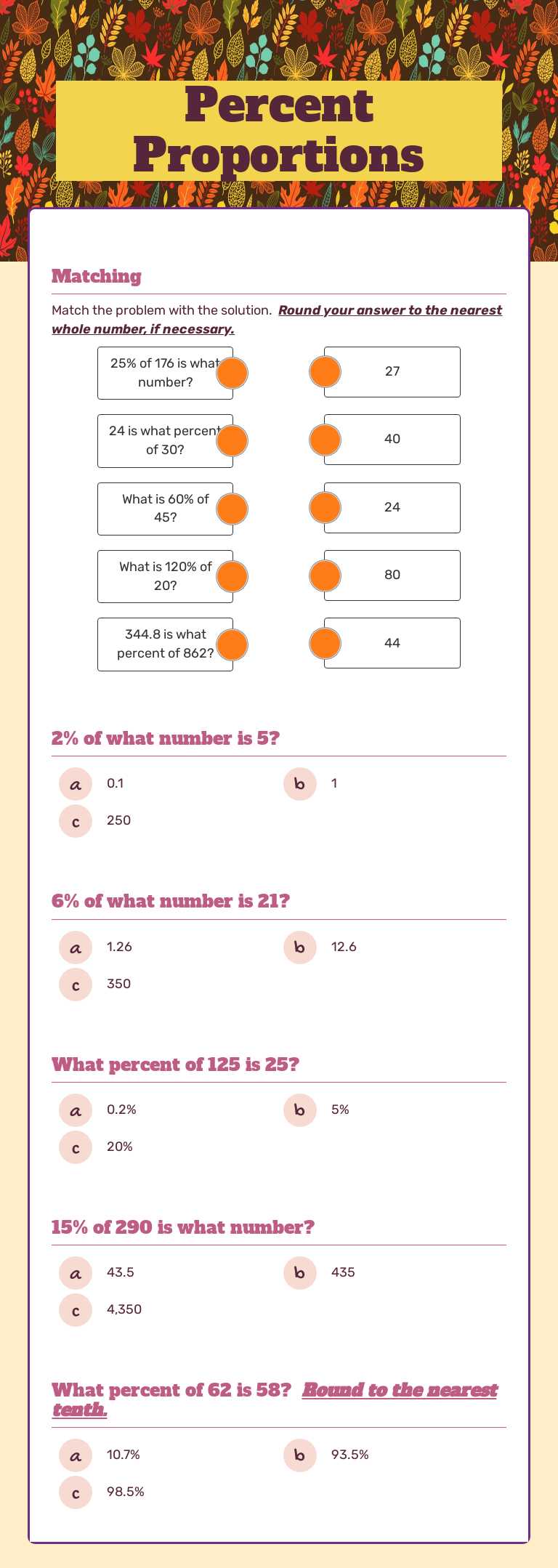 Percent Proportions worksheet preview image