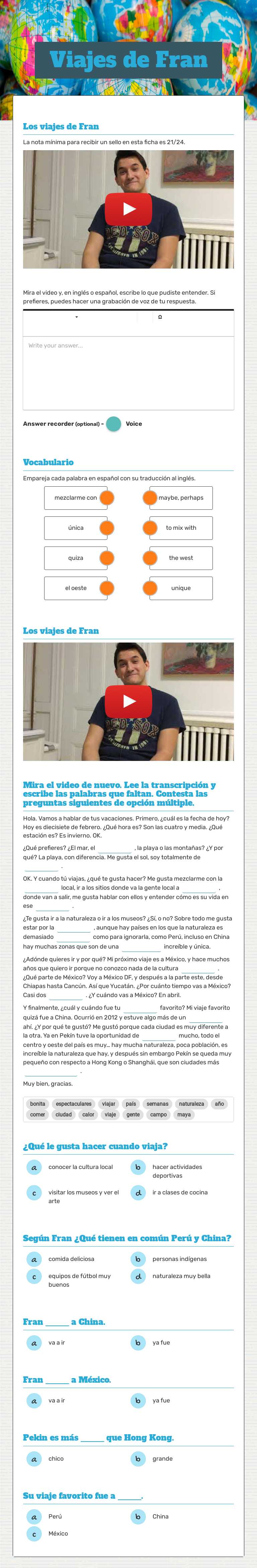 Viajes de Fran worksheet preview image