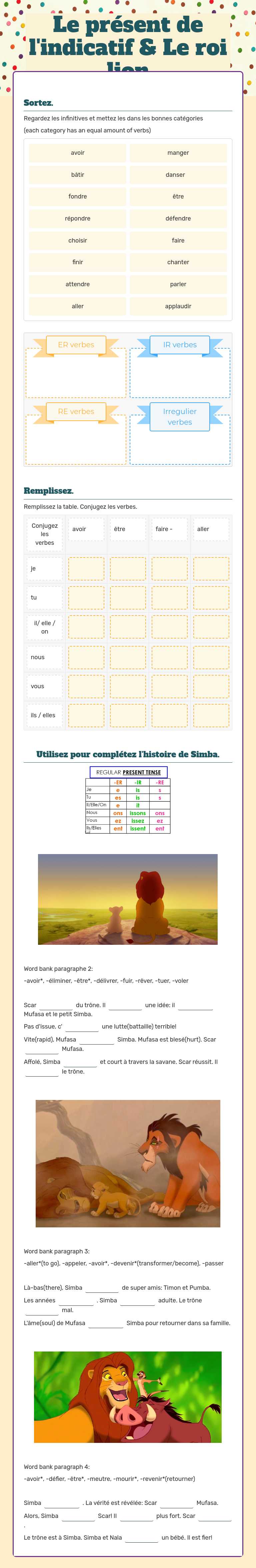 Le présent de l'indicatif & Le roi lion worksheet preview image