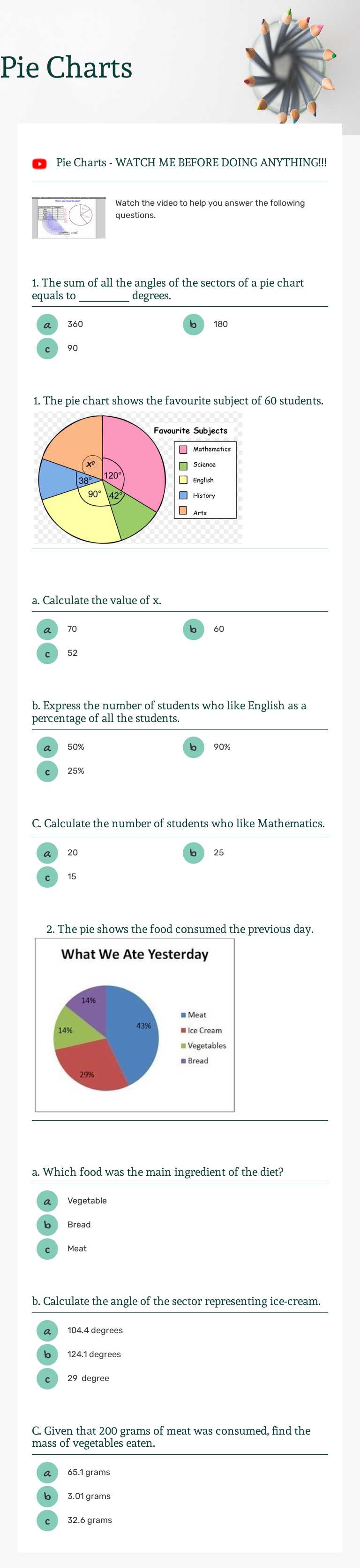 Pie Charts worksheet preview image