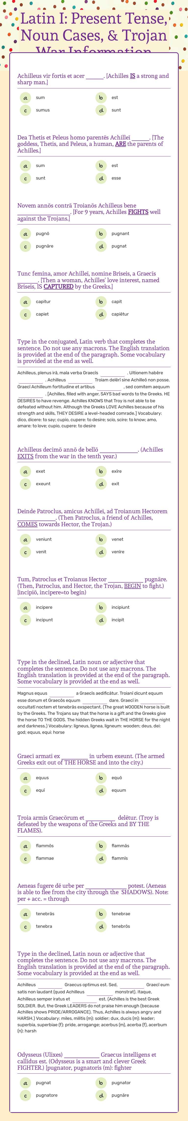 Latin I: Present Tense, Noun Cases, & Trojan War Information worksheet preview image