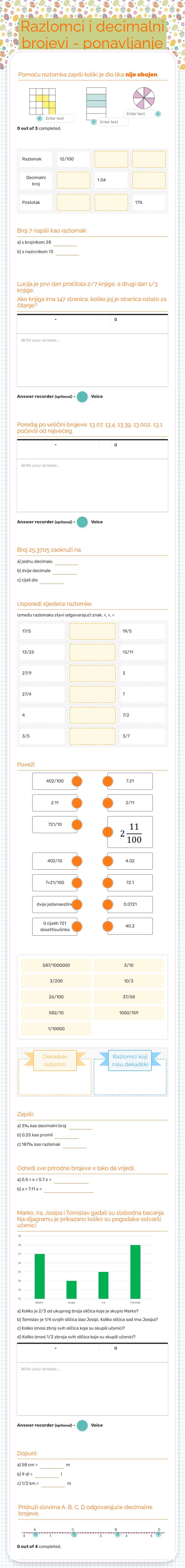 Razlomci i decimalni brojevi - ponavljanje worksheet preview image