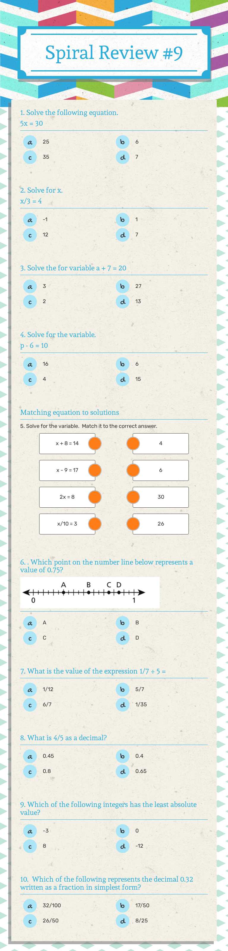 Spiral Review #9 Grade 6 worksheet preview