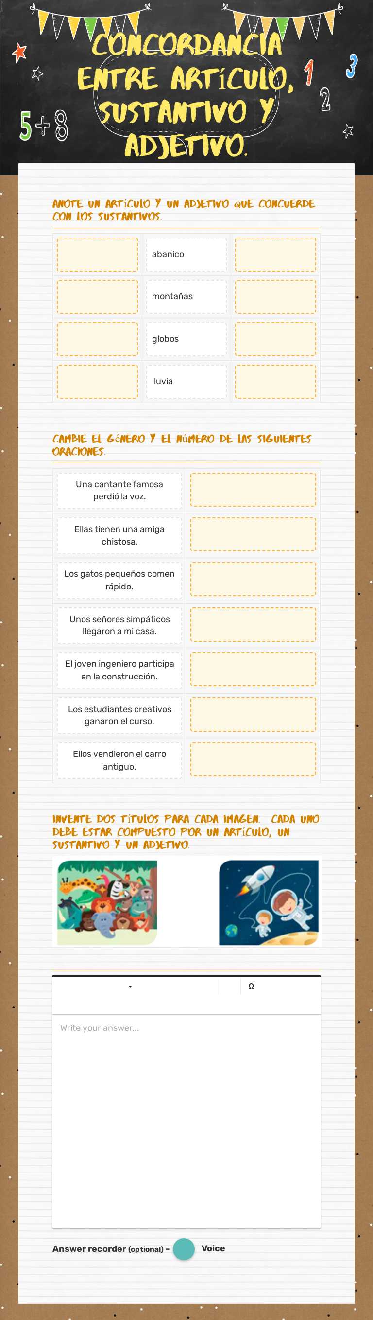 Concordancia entre artículo, sustantivo y adjetivo. worksheet preview image