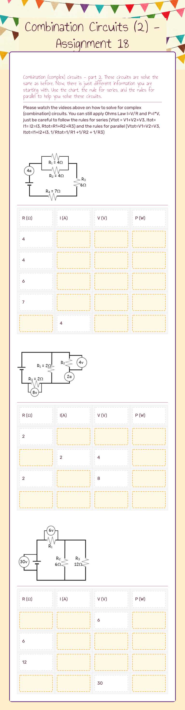 Combination Circuits (2) - Assignment 18 Grade 11 worksheet preview