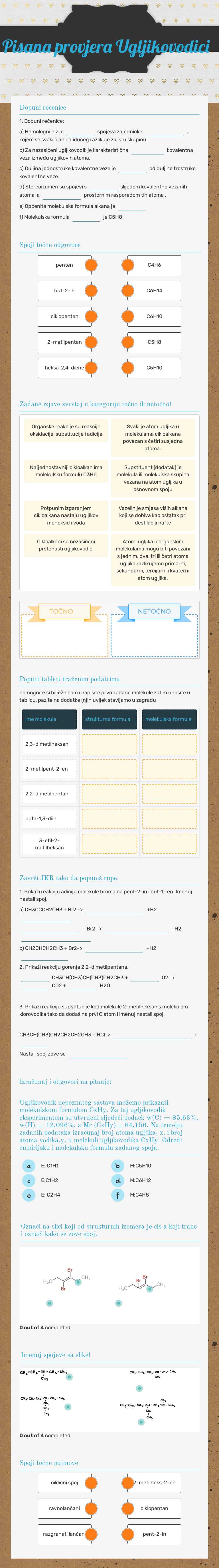 Pisana provjera    Ugljikovodici Grade 10 worksheet preview
