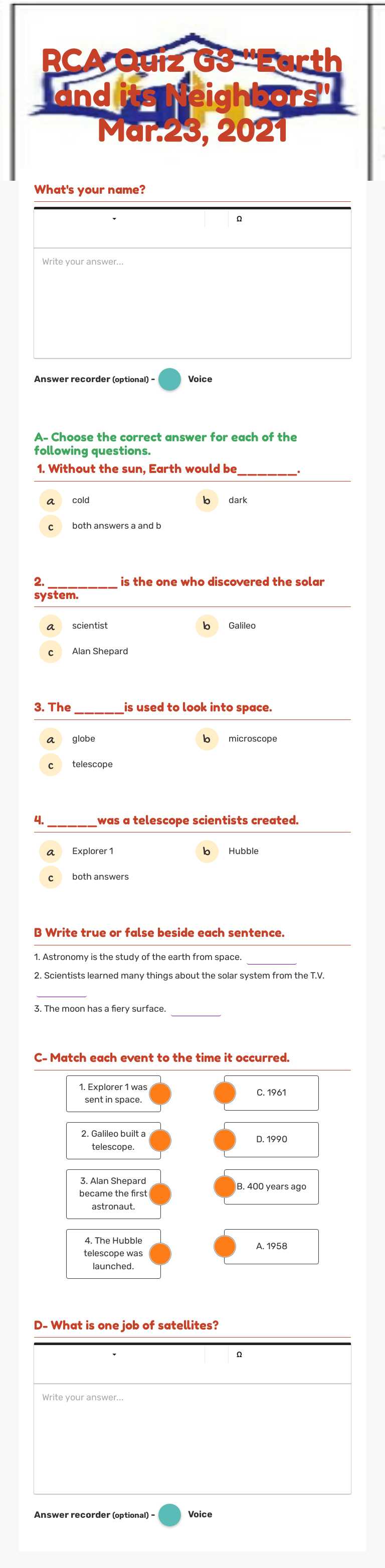 RCA Quiz G3 "Earth and its 
    Neighbors"   Mar.23, 2021 worksheet preview image