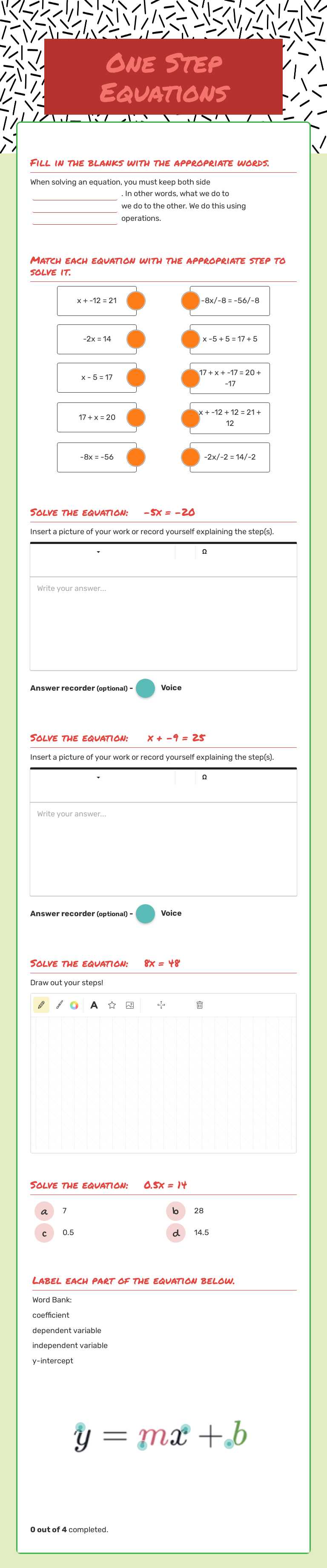 One Step Equations worksheet preview image