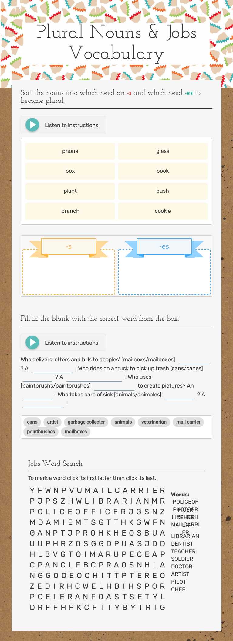 Plural Nouns & Jobs Vocabulary Grade 6 worksheet preview