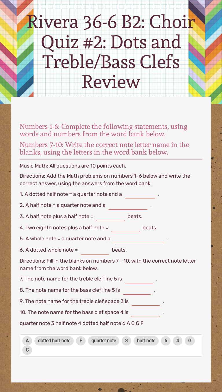 Rivera 36-6 B2: Choir Quiz #2: Dots and Treble/Bass Clefs Review worksheet preview image